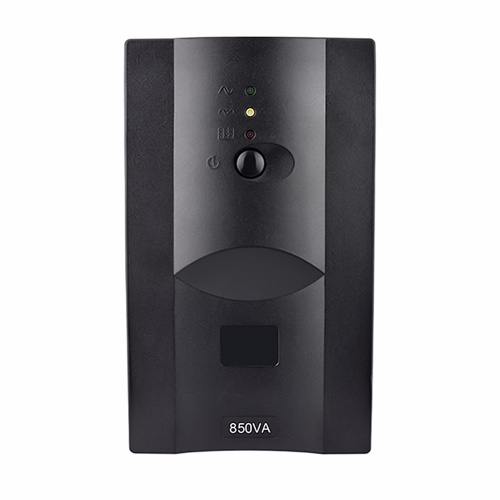 یو پی اس مشکی 850VA با طراحی عمودی و پنل جلوی مجهز به دکمه پاور و چراغ‌های LED